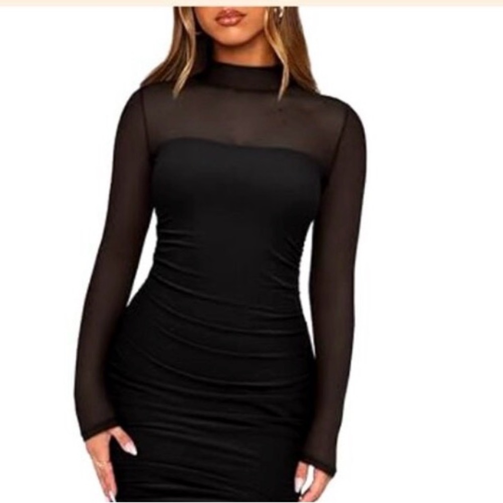 BarIII Elegant Black Long Sleeve High Neck Semi-Sheer Fitted Dress. R13